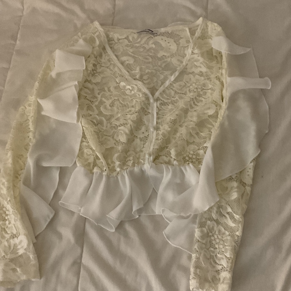 Fashion Nova Lace Ruffle Blouse - Cream
